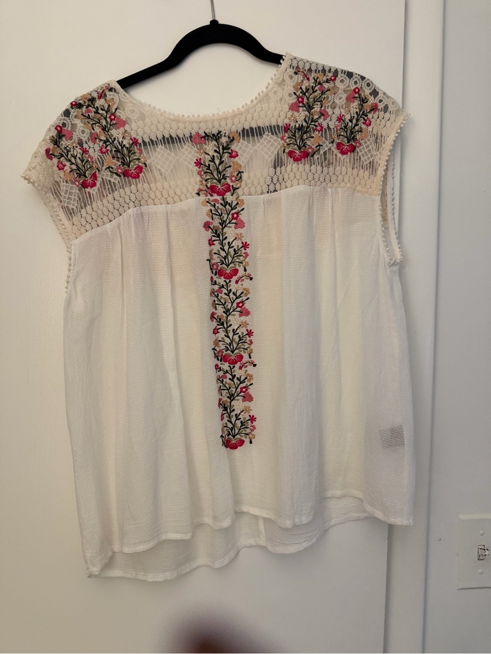 Ranna Gill Cream Lace Yoke Top with Pink & Green Floral Embroidery